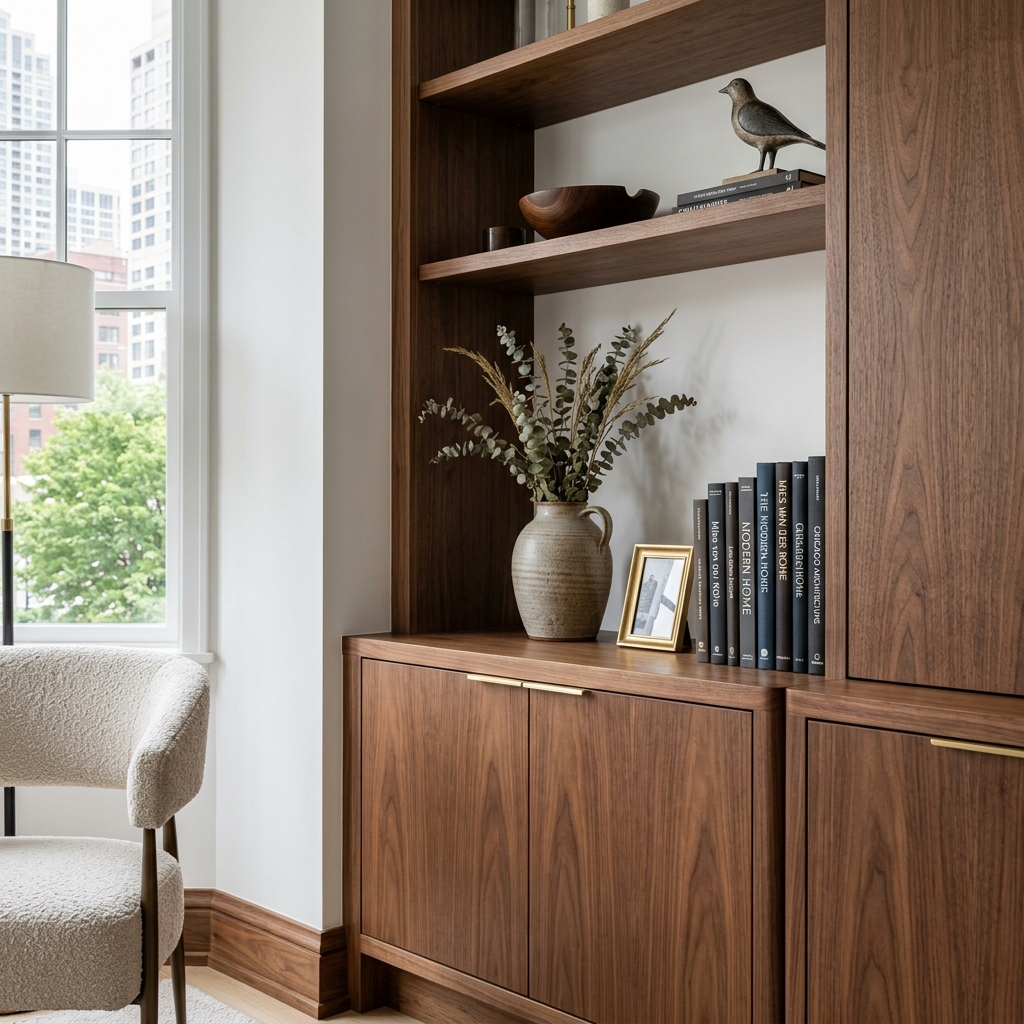High-quality custom wood carpentry built-in shelving