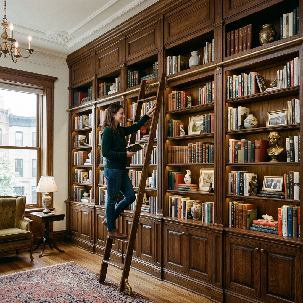 Bespoke built-in library dark oak bookcase