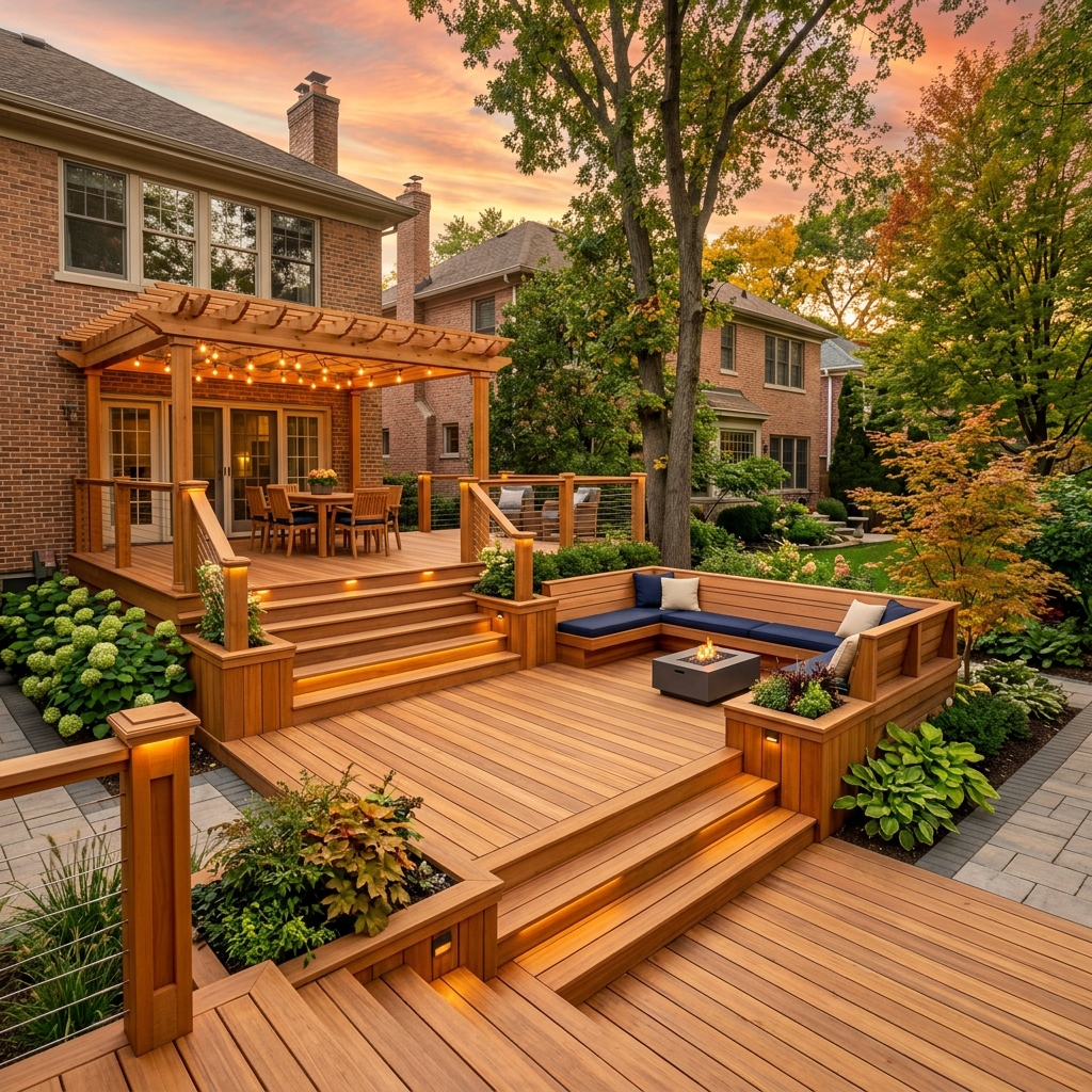 Custom cedar wood backyard deck