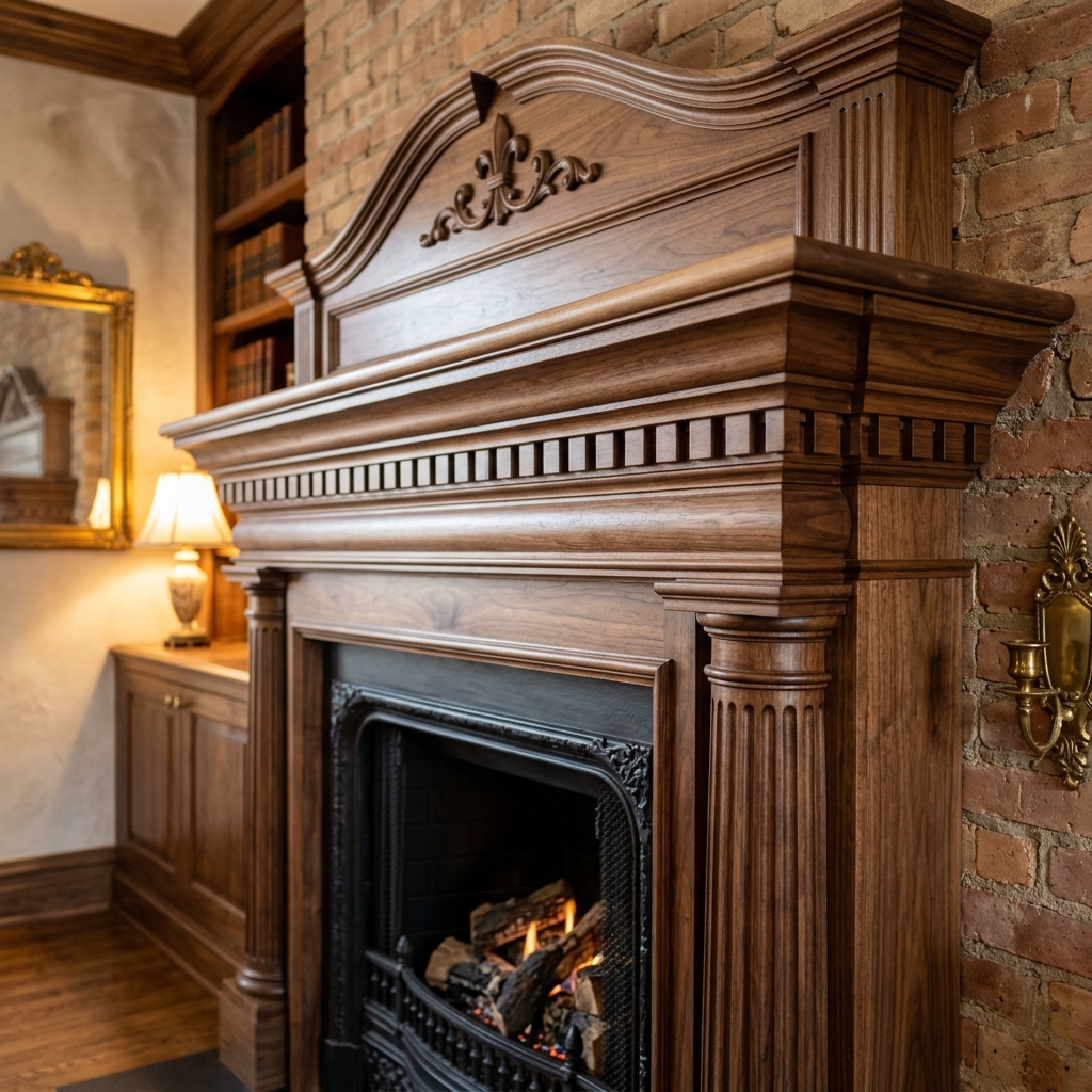 Finish carpentry custom fireplace wood mantel